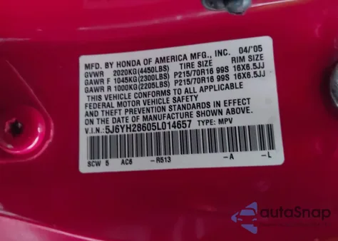 2005 Honda Element Ex from USA, damaged, VIN 5J6YH28605L014657